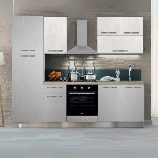 Cucina bloccata Molly in canyon white con struttura tortora e pensili spatolato 255x216H cm elettrodomestici inclusi