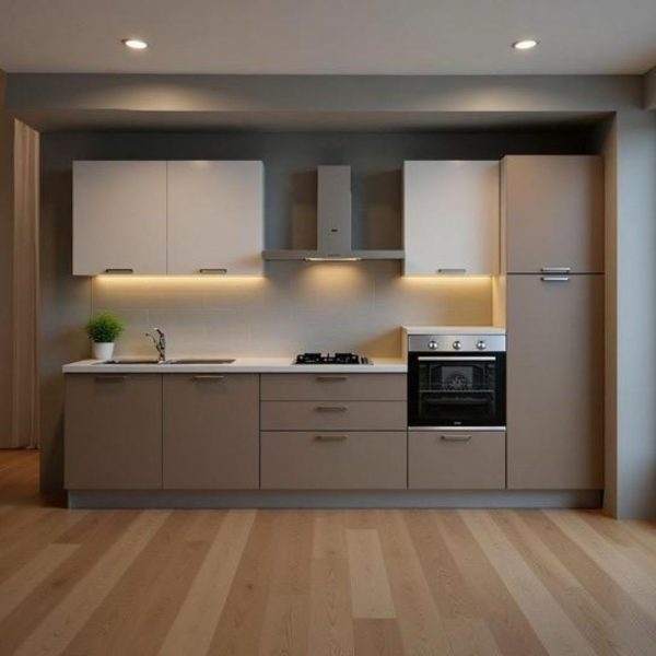 Cucina lineare Luna ml.330 con colonna destra e base tortora e pensili bianchi