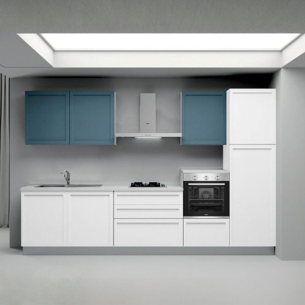 Cucina lineare Venere ml.330 con colonna destra e base bianco frassinato e pensili avio