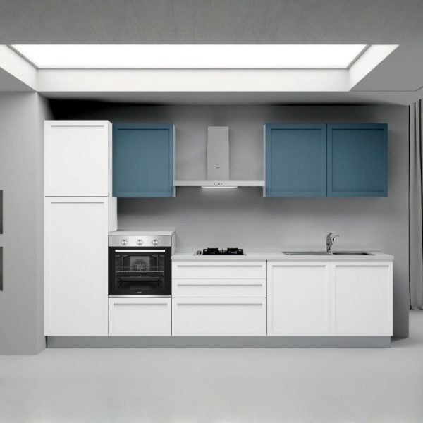 Cucina lineare Venere ml.330 con colonna sinistra e base bianco frassinato e pensili avio