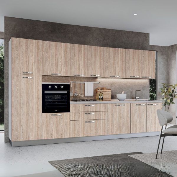 Cucina reversibile Petunia base 360 cm con elettrodomestici inclusi colore rovere gessato naturale