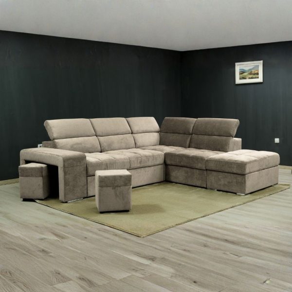 Divano angolare reversibile Positano con 5 poggiatesta regolabili e 2 pouf indipendenti in Barrel 09 cappuccino