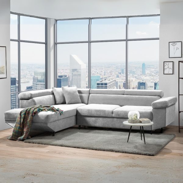 Divano letto Denver con penisola contenitore sinistra in Ronda 80 grigio chiaro