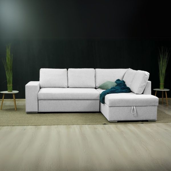 Divano letto angolare Bali con penisola contenitore in tessuto Neve 80 light grey