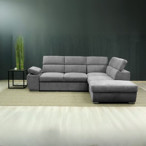 Divano letto angolare destro Arizona con poggiatesta e bracciolo regolabili con pouf contenitore in tessuto Giulia 9713 grigio