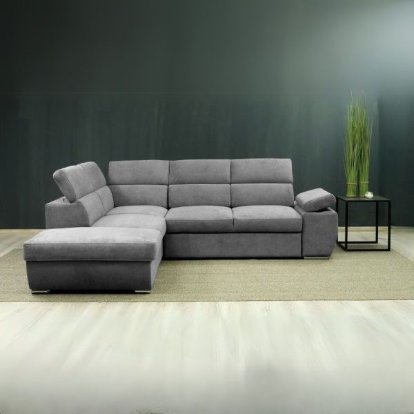 Divano letto angolare sinistro Arizona con 5 poggiatesta e un bracciolo regolabili con pouf contenitore in Giulia 9713 grigio