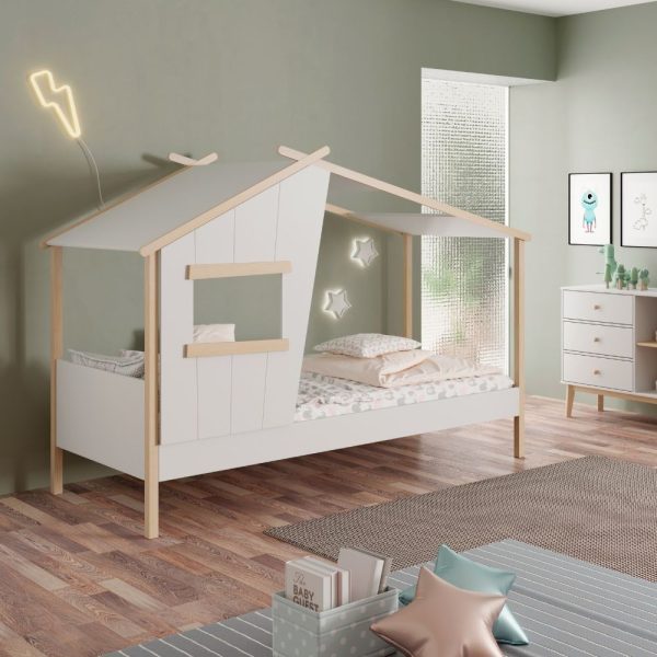 Letto a casetta Luba singolo in legno massiccio colore bianco