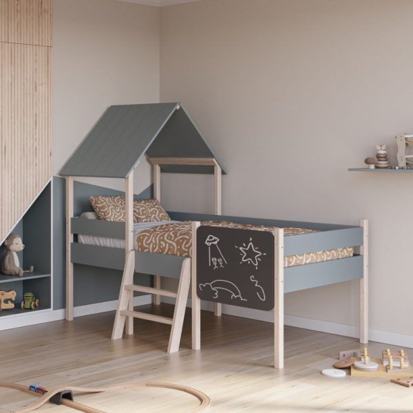 Letto a castello singolo Mint in legno massiccio con lavagnetta colore verde cachi e pino