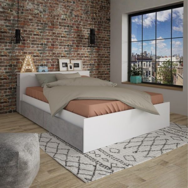 Letto contenitore 1566 alla francese con 4 cassettoni e comodini estraibili colore bianco e cemento
