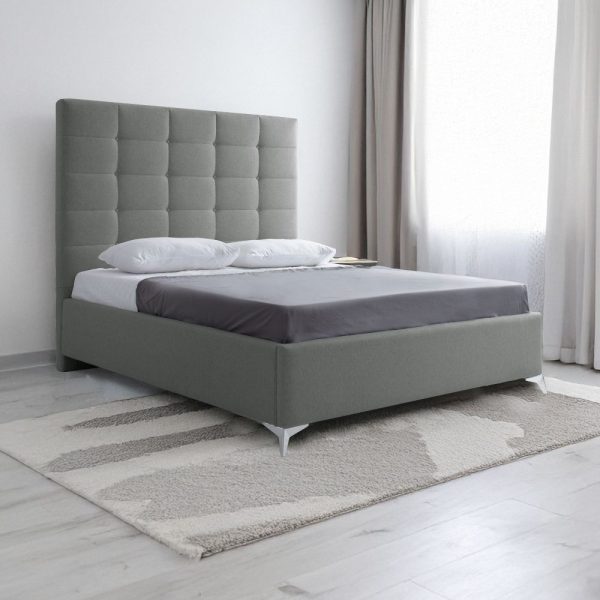 Letto matrimoniale Napoli Grande imbottito con contenitore in tessuto barrel 83 grigio chiaro con bottoni