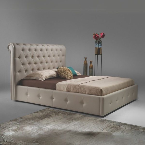 Letto matrimoniale imbottito Peninsula con contenitore in ecopelle tortora