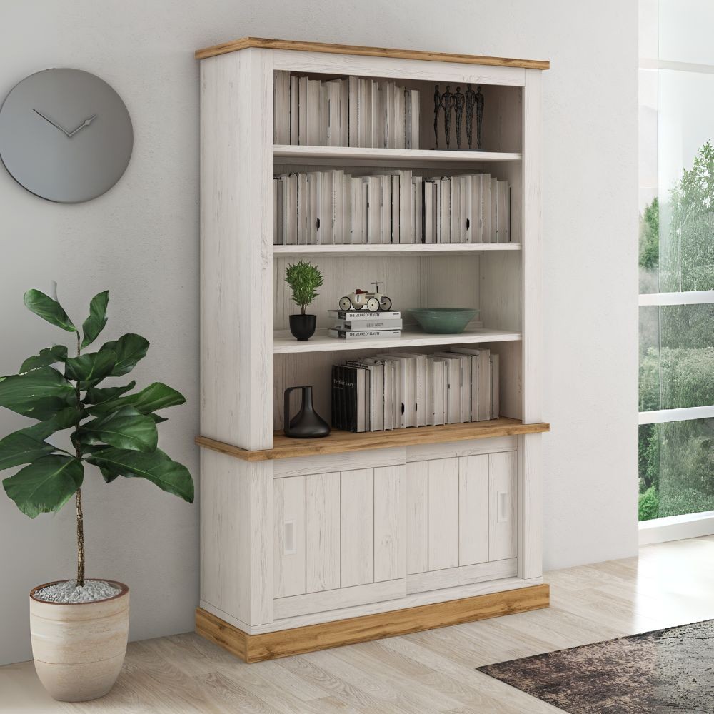 Libreria Anthony III con 2 ante scorrevoli e 3 ripiani colore rovere wotan e anderson pine stile shabby
