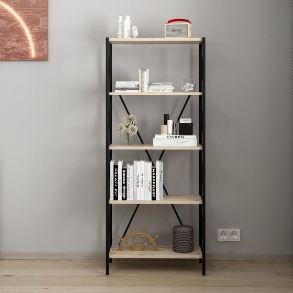 Libreria Axel con struttura in metallo nero e 5 mensole in rovere sonoma