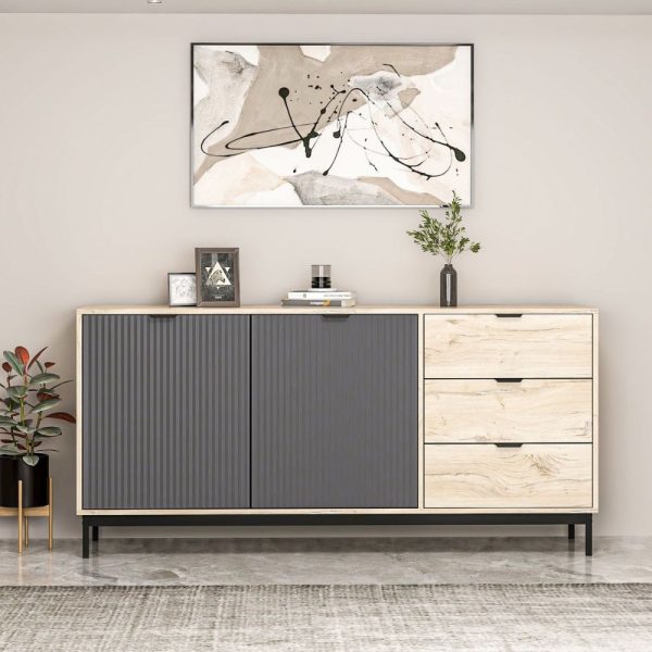 Madia Esta 180 con 2 ante colore antracite effetto cannettato e 3 cassetti rovere sonoma