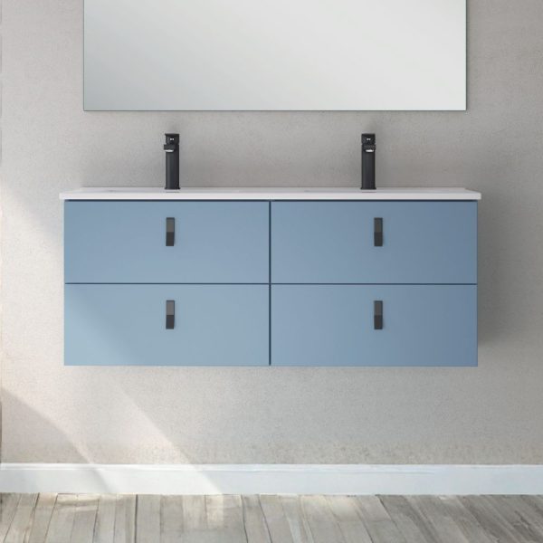 Mobile bagno sospeso Invicta con 4 cassetti colore blu e maniglie nere 120x45x48 cm.