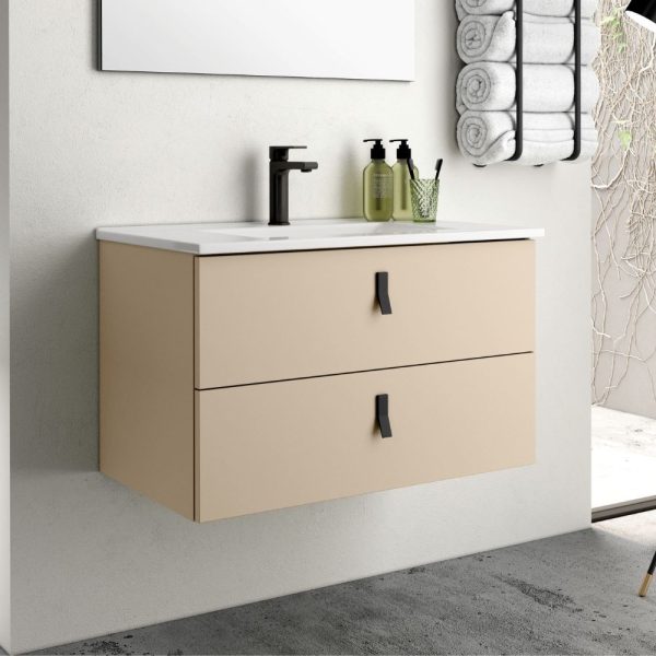 Mobile bagno sospeso Invicta con due cassetti colore cappuccino con maniglie nere 80x45x48 cm.