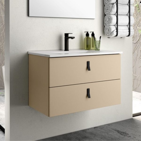 Mobile bagno sospeso Invicta con due cassetti colore cappuccino e maniglie nere 60x45x48 cm.