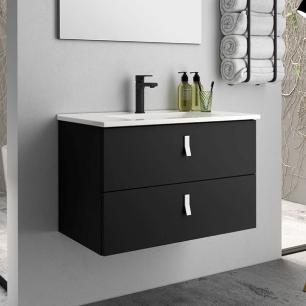 Mobile bagno sospeso Invicta con due cassetti colore nero e maniglie bianche 60x45x48 cm.