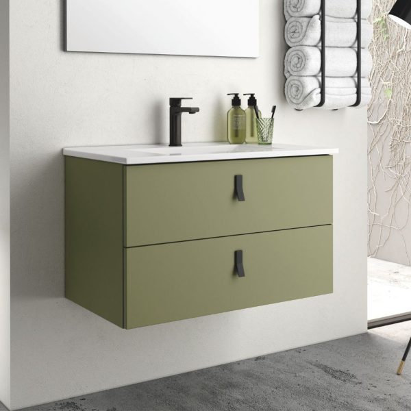 Mobile bagno sospeso Invicta con due cassetti colore verde oliva con maniglie nere 80x45x48 cm.