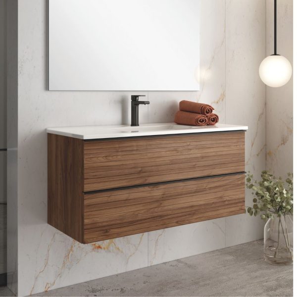 Mobile bagno sospeso Senda con 2 cassettoni colore noce effetto cannettato e maniglie nere 100x45.5x48 cm.