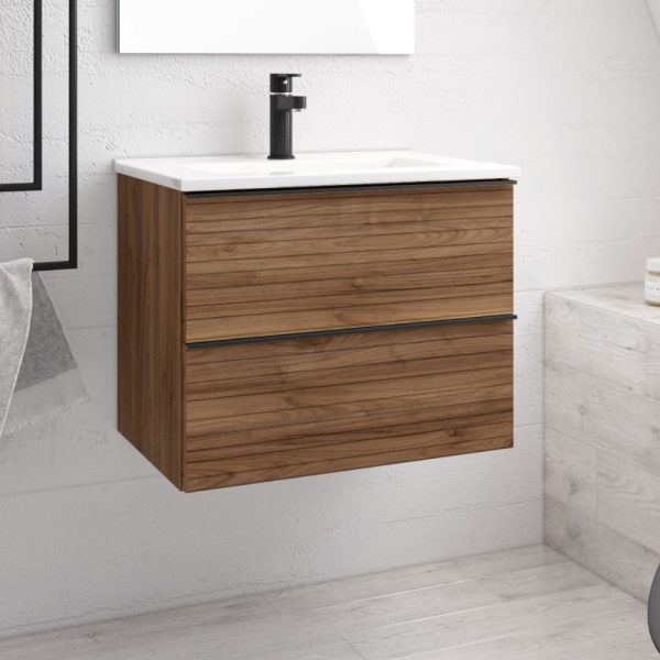 Mobile bagno sospeso Senda con 2 cassettoni colore noce effetto cannettato e maniglie nere 80x45.5x48 cm.