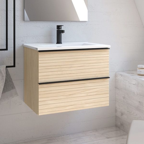 Mobile bagno sospeso Senda con 2 cassettoni colore rovere chiaro effetto cannettato e maniglie nere 80x45.5x48 cm.