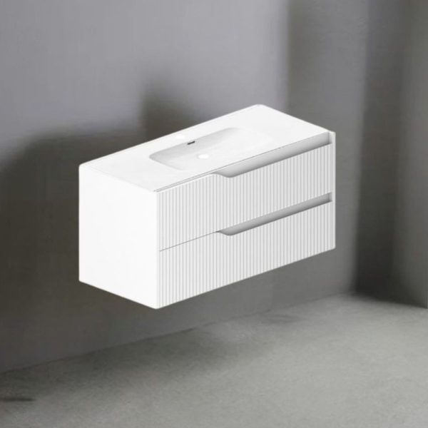 Mobile bagno sospeso Soho con due cassetti effetto cannettato colore bianco opaco 100x45x50 cm.