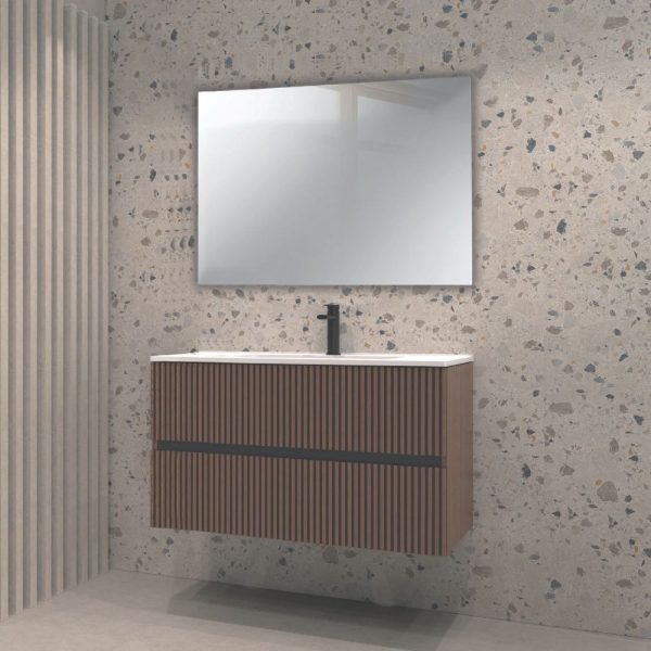Mobile da bagno sospeso Belfast con due cassetti colore noce effetto cannettato