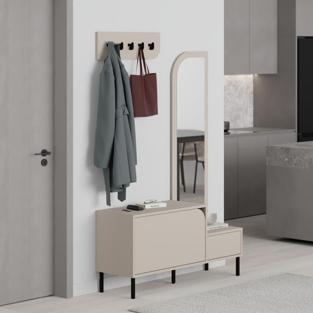 Mobile ingresso Mila con scarpiera ganci appendi abito e specchio colore cashmere - immagine 2