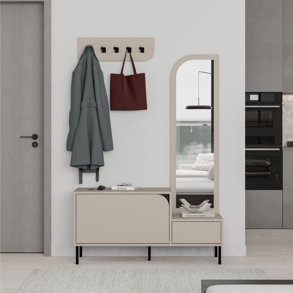 Mobile ingresso Mila con scarpiera ganci appendi abito e specchio colore cashmere