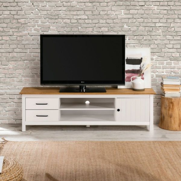 Mobile porta tv Miranda con 1 anta 2 cassetti e 2 vani a giorno in legno massiccio colore bianco e top pino