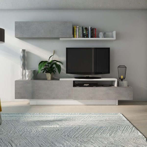 Parete attrezzata 8059 con 3 ante a ribalta e ripiano colore cemento e bianco