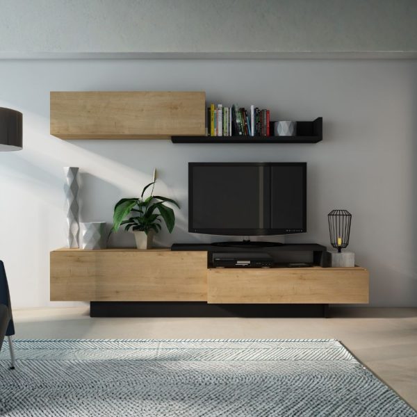 Parete attrezzata 8068 con 3 ante a ribalta e ripiano colore antracite e rovere