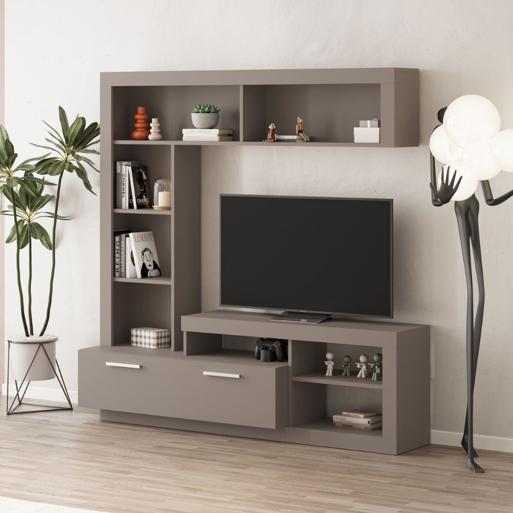 Parete attrezzata Leo con nicchia a giorno e anta a ribalta colore tortora - immagine 2