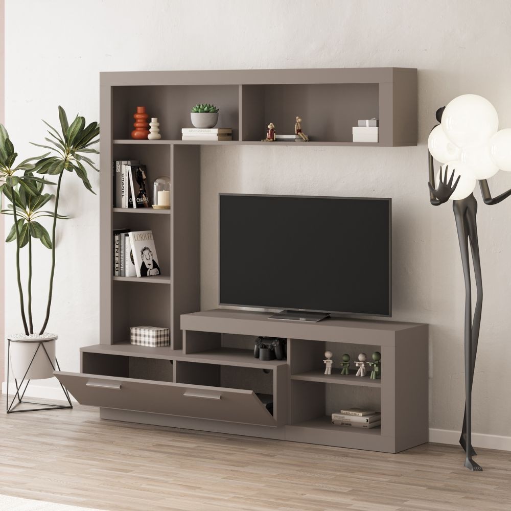 Parete attrezzata Leo con nicchia a giorno e anta a ribalta colore tortora - immagine 3