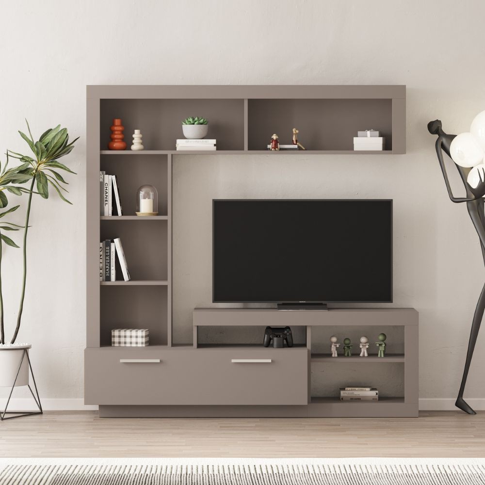 Parete attrezzata Leo con nicchia a giorno e anta a ribalta colore tortora