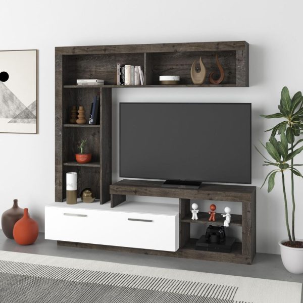 Parete attrezzata Leo con nicchie a giorno e anta a ribalta colore dark coffee e bianco