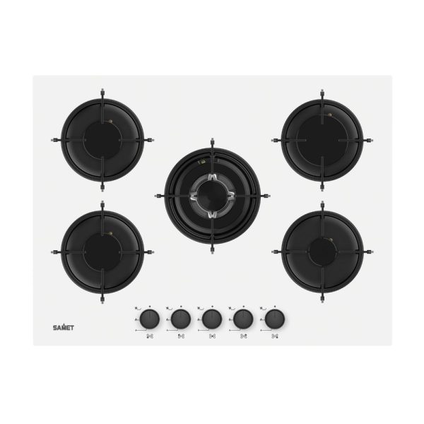 Piano cottura Samet Minerva 70 da incasso a gas 5 fuochi con manopole frontali in vetro bianco