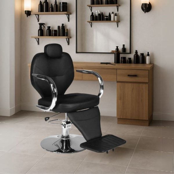 Poltrona da barbiere Bobo reclinabile in ecopelle nero con braccioli e struttura in acciaio cromato lucido