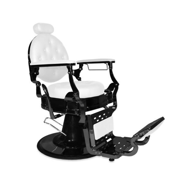 Poltrona da barbiere Ultron reclinabile in ecopelle bianco con struttura in colore nero