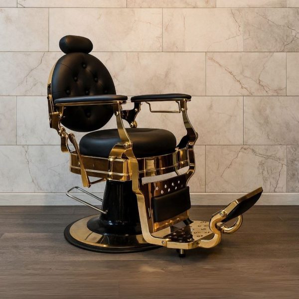 Poltrona da barbiere Ultron reclinabile in ecopelle nero con braccioli e struttura cromata oro lucido
