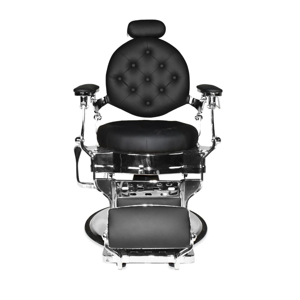 Poltrona da barbiere Ultron reclinabile in ecopelle nero con braccioli e struttura in cromata lucida - immagine 3