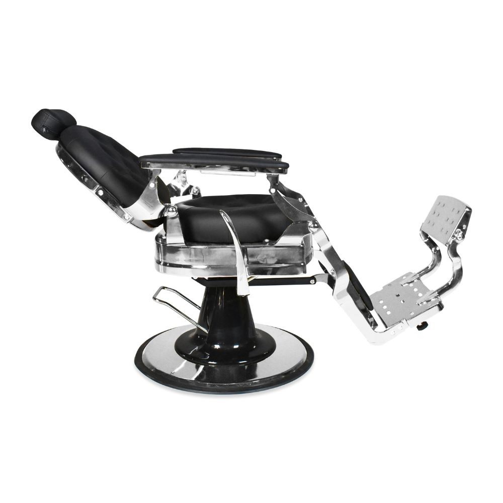 Poltrona da barbiere Ultron reclinabile in ecopelle nero con braccioli e struttura in cromata lucida - immagine 5