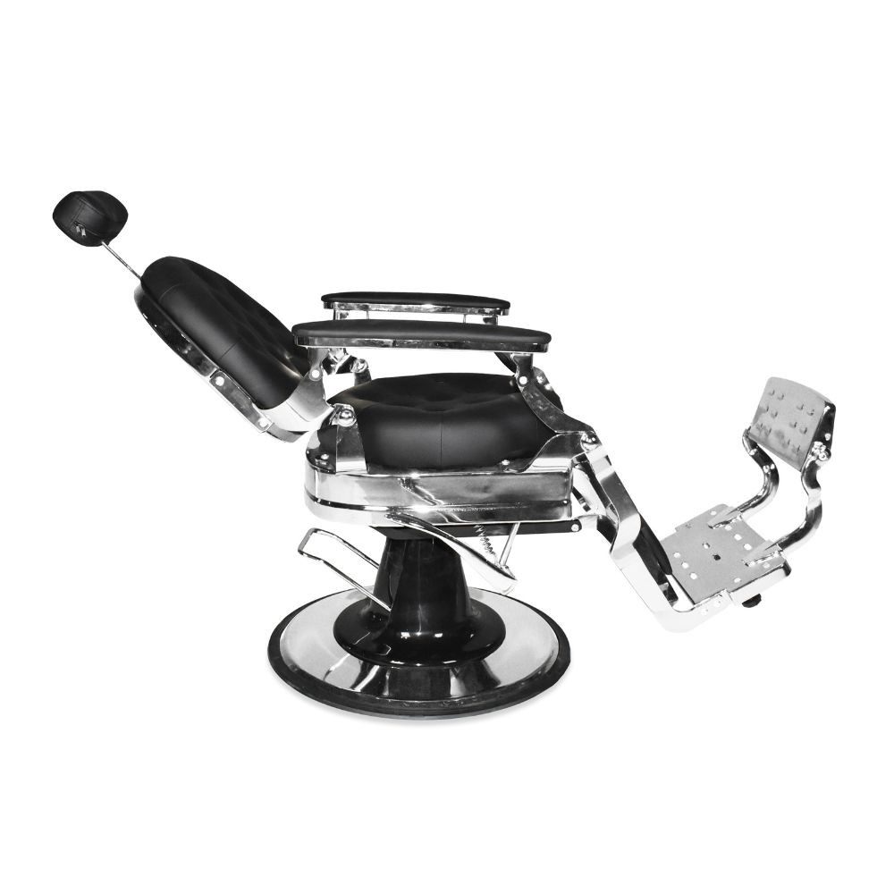 Poltrona da barbiere Ultron reclinabile in ecopelle nero con braccioli e struttura in cromata lucida - immagine 6