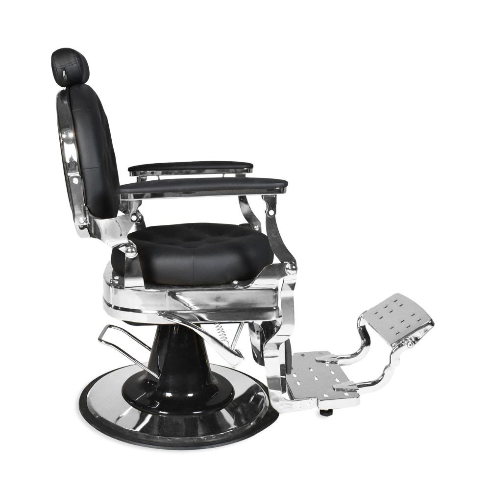 Poltrona da barbiere Ultron reclinabile in ecopelle nero con braccioli e struttura in cromata lucida - immagine 7