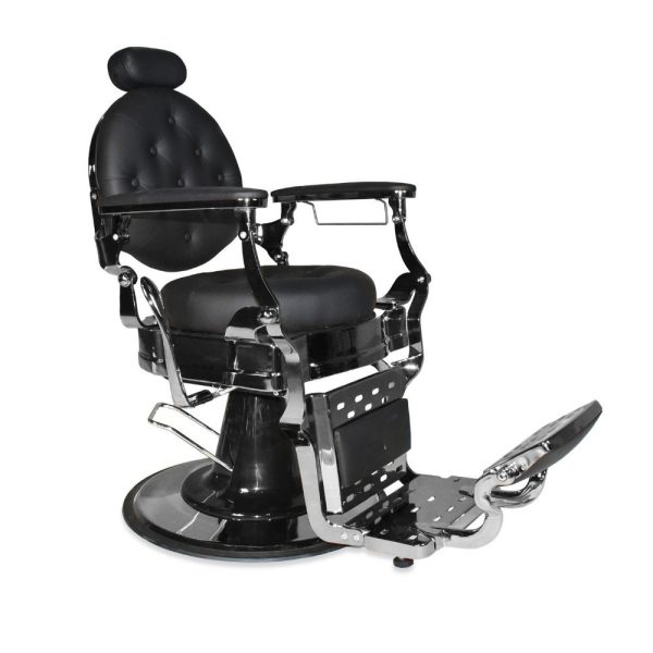 Poltrona da barbiere Ultron reclinabile in ecopelle nero con braccioli e struttura in cromata lucida