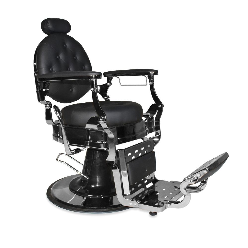 Poltrona da barbiere Ultron reclinabile in ecopelle nero con braccioli e struttura in cromata lucida