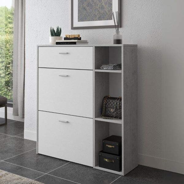 Scarpiera Takimi con 2 ante a ribalta 1 cassetto colore cemento e bianco