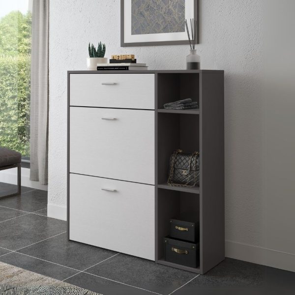 Scarpiera Takimi con 2 ante a ribalta 1 cassetto colore grafite e bianco