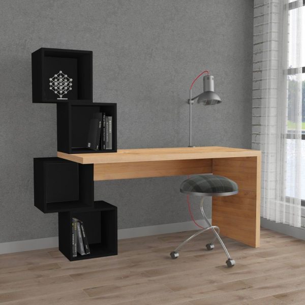 Scrivania Balance con piano rovere e ripiani cubotti nero